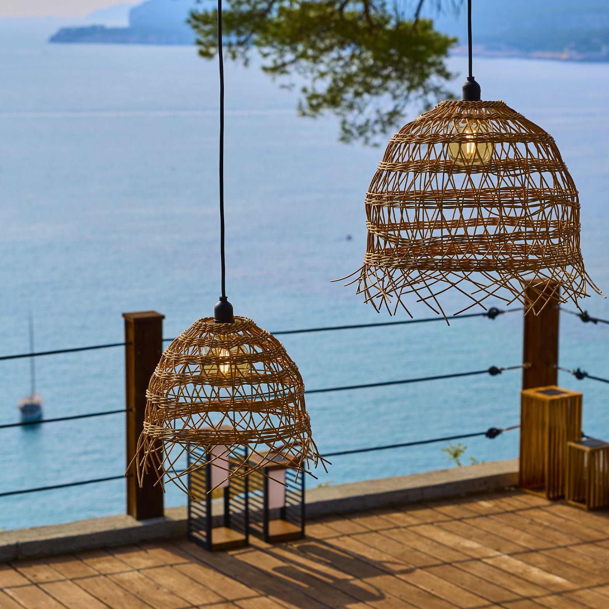 Lot de 2 suspensions sur secteur pour l'extérieur 2X HAWAII LONG OUTDOOR CABLE en poly rotin style bohème 5m de longueur de câble