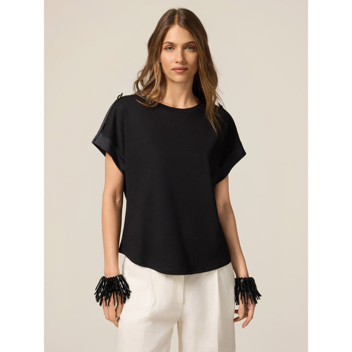 Oltre - T-shirt in jersey con profili in raso - Nero