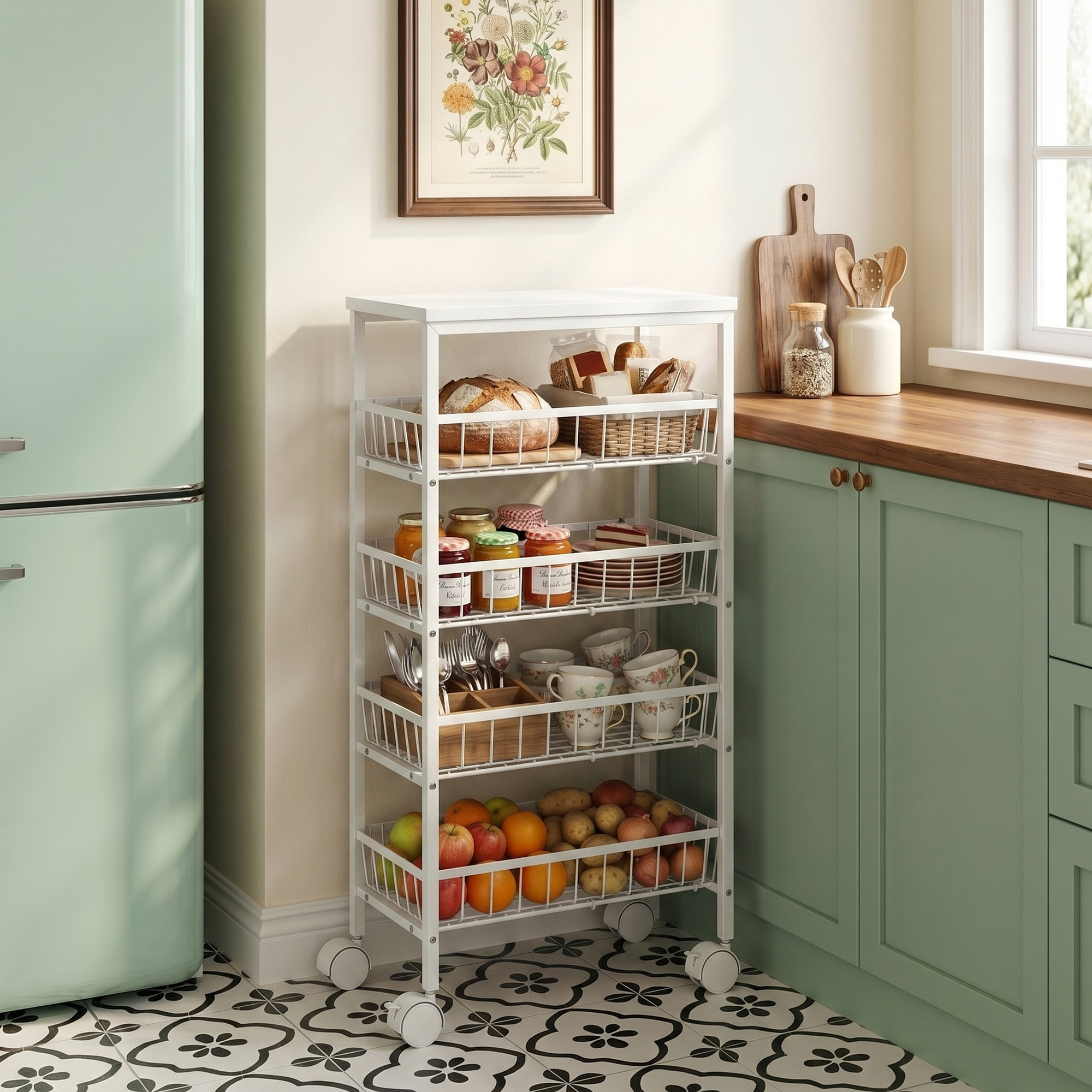 Carrito Auxiliar con Ruedas, Carrito de Cocina con 4 Cestas Extraíbles, Carga 15 kg, Marco Metálico, para Comedor, Sala de Estar, Baño, 40x24x82 cm, Blanco