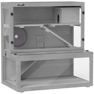 Cage hamster 3 niveaux avec cabane roue rampes bois gris