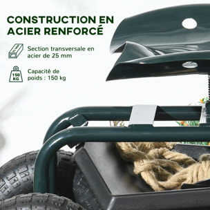 2 en 1 tabouret pivotant réglable chariot mobile de jardin charge max. 150 Kg rangement acier vert