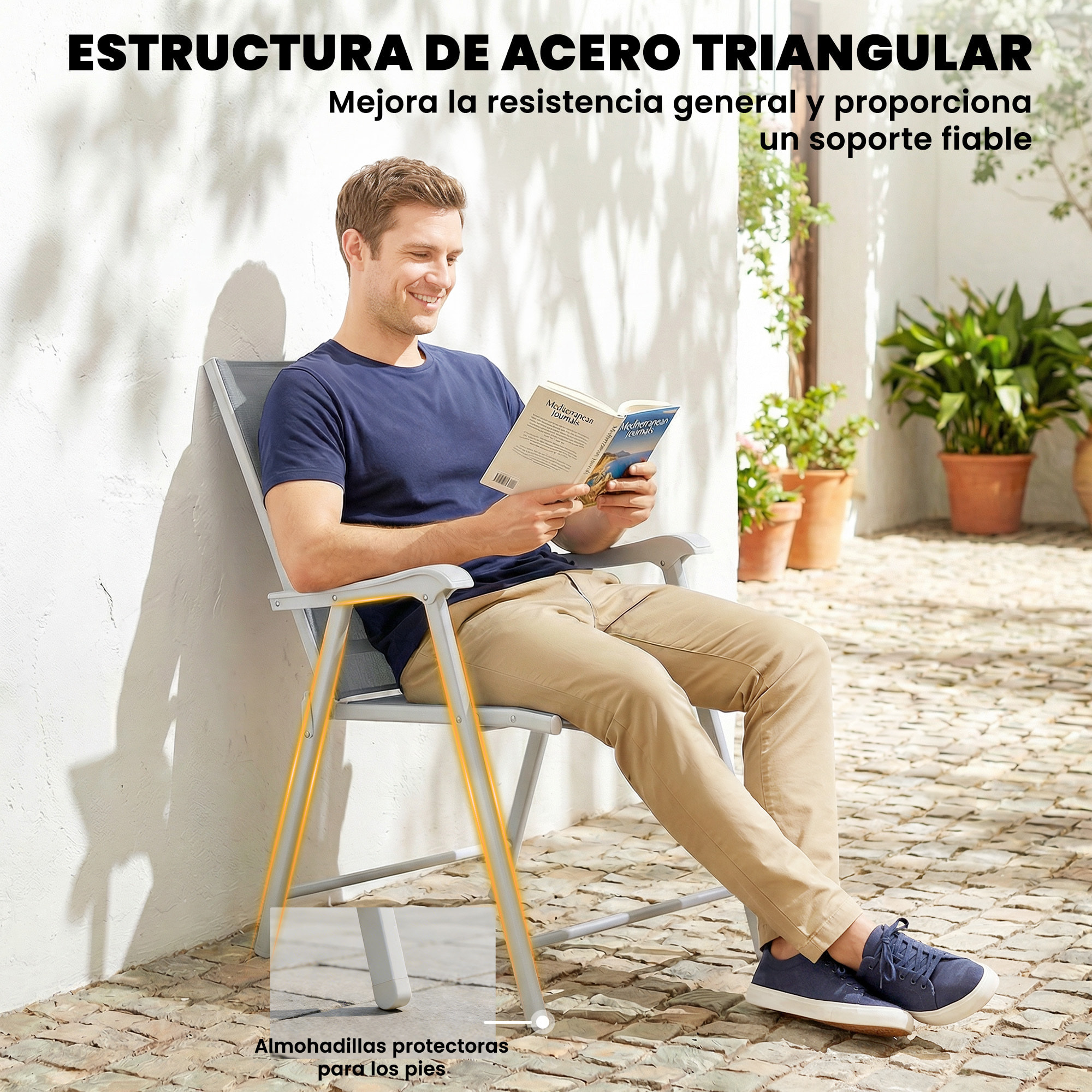 Pack de 4 Sillas de Camping Plegables, Sillas de Jardín Exterior con Respaldo Alto y Reposabrazos, Tela Textilene Transpirable y Marco de Acero para Terraza, Playa, 58x62x97 cm, Gris Claro