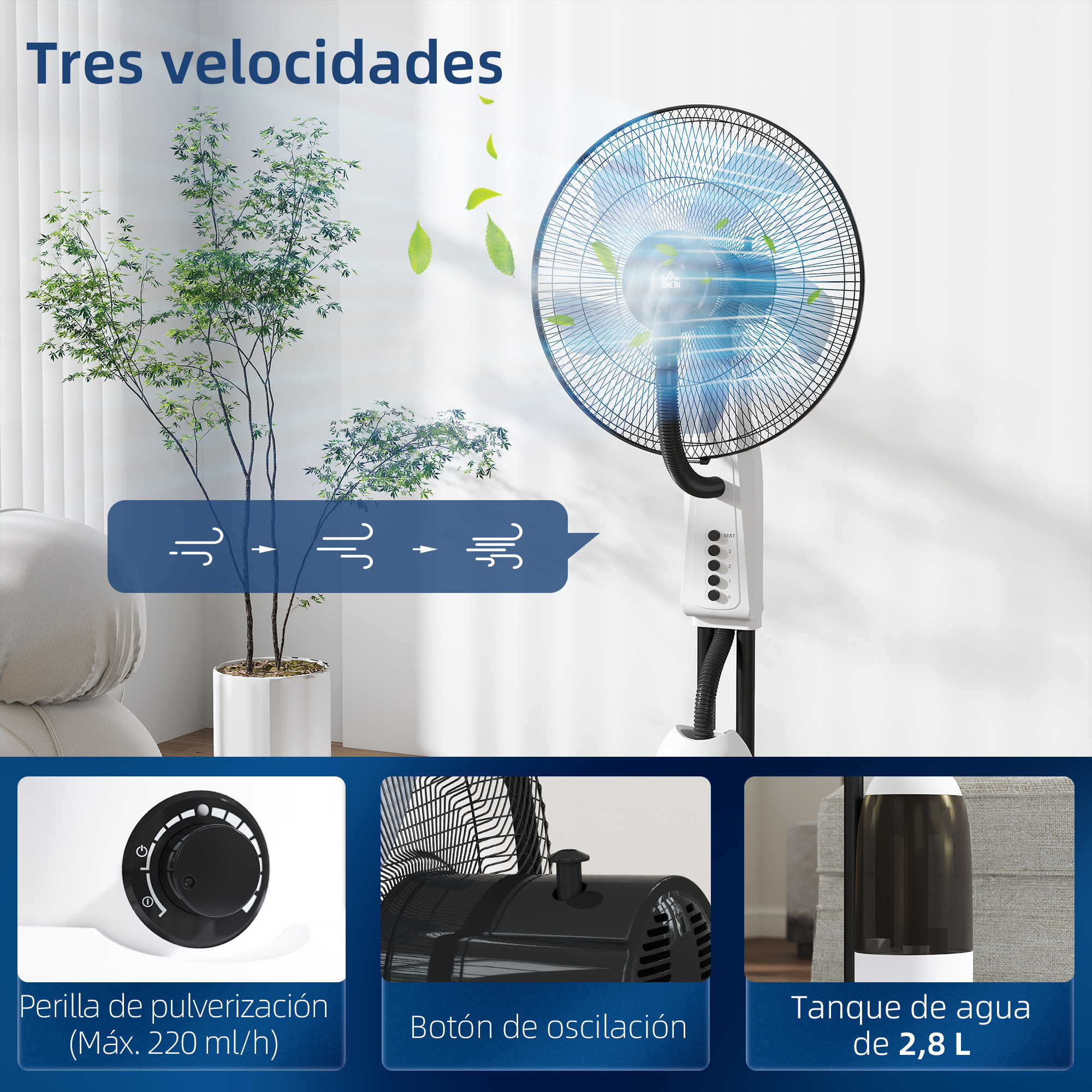 Ventilador Silencioso con Nebulización 90W, Ventilador de Pie de 120cm con 3 Velocidades, Oscilación de 70°, Cabezal Ajustable, Depósito de Agua de 2,8L, Blanco