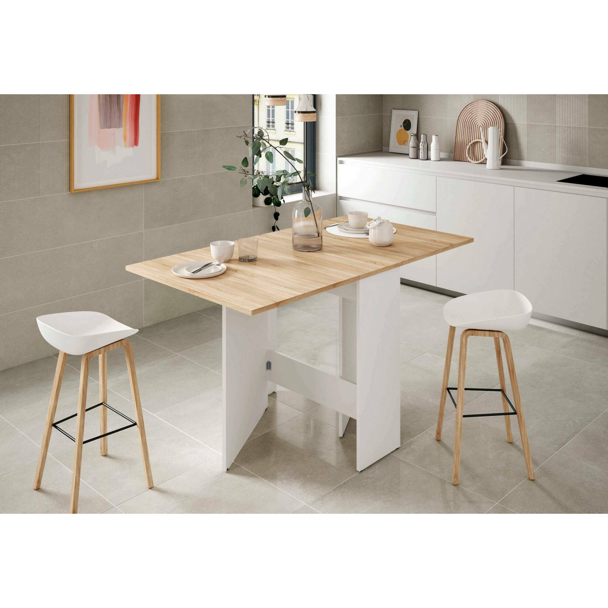 Tavolo allungabile Toledo, Tavolo da pranzo pieghevole con piano abbattibile, Tavolo ausiliario richiudibile, cm 31x77h78, Bianco e Rovere