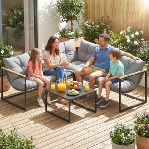 Conjunto de Muebles Jardín Exterior de 4 Piezas, Sofá Exterior Seccional Resistente Forma de L con Cojines Gruesos, 2 Sofás de 2 Plazas, Sofá de Esquina y Mesa Centro de Vidrio Templado, Gris