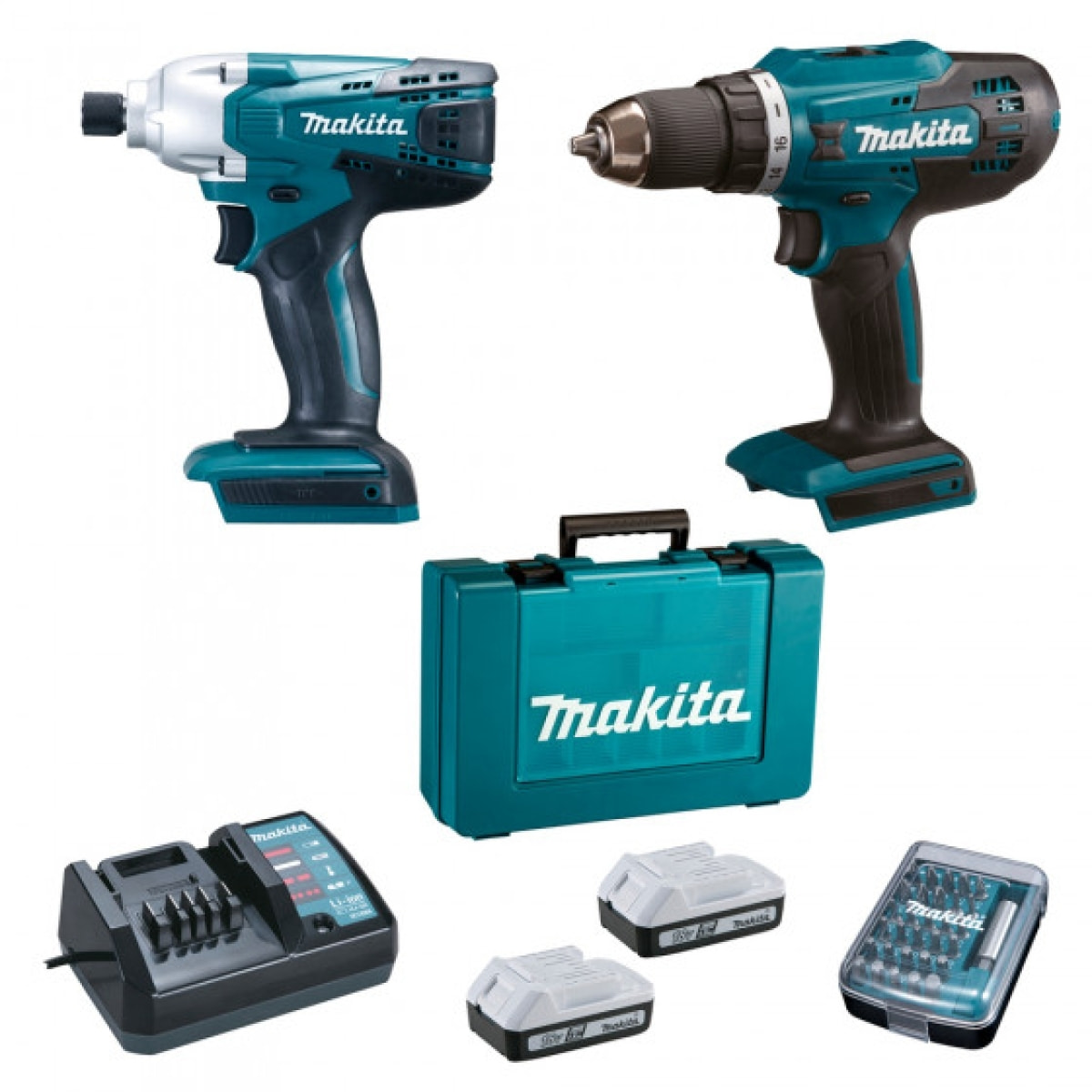 Perceuse sans fil 18V DF4880 + clé à chocs 18V TD127D - MAKITA - avec 2 batteries 18V 1.5 Ah + chargeur + 30 embouts - DK18A35X1