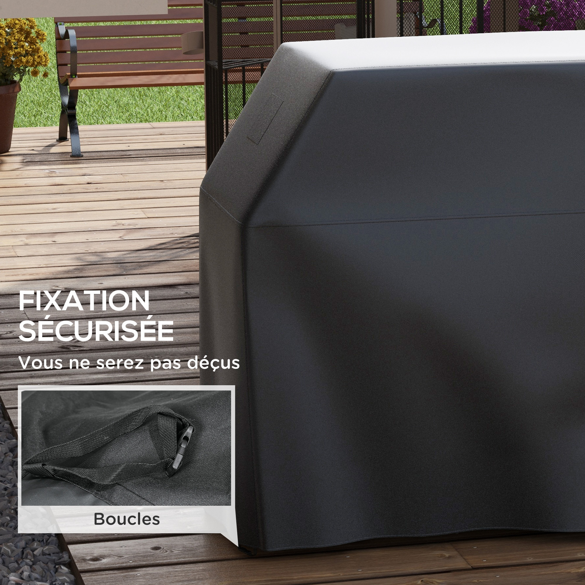 Housse de protection barbecue dim. 188L x 71l x 125H cm - imperméable, anti-UV, attaches - Oxford haute densité 300D noir