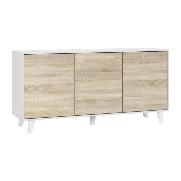 Credenza Arvada, Madia moderna a 3 ante e ripiani, Buffet da cucina, Buffet di design da soggiorno, cm 154x40h75, Bianco lucido e Bianco