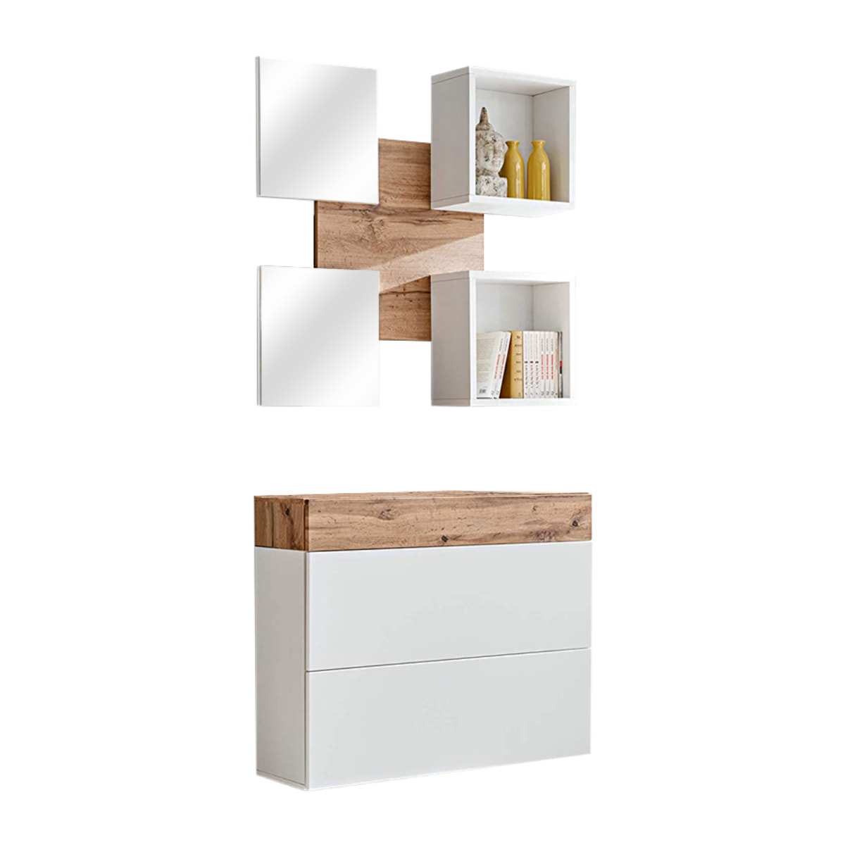 Mobile Ingresso Moderno Con 2 Specchi Vani A Giorno E Base Con Ante E Cassetto Design Elegante Salvaspazio 100 x 170 x 30 Cm Bianco E Rovere