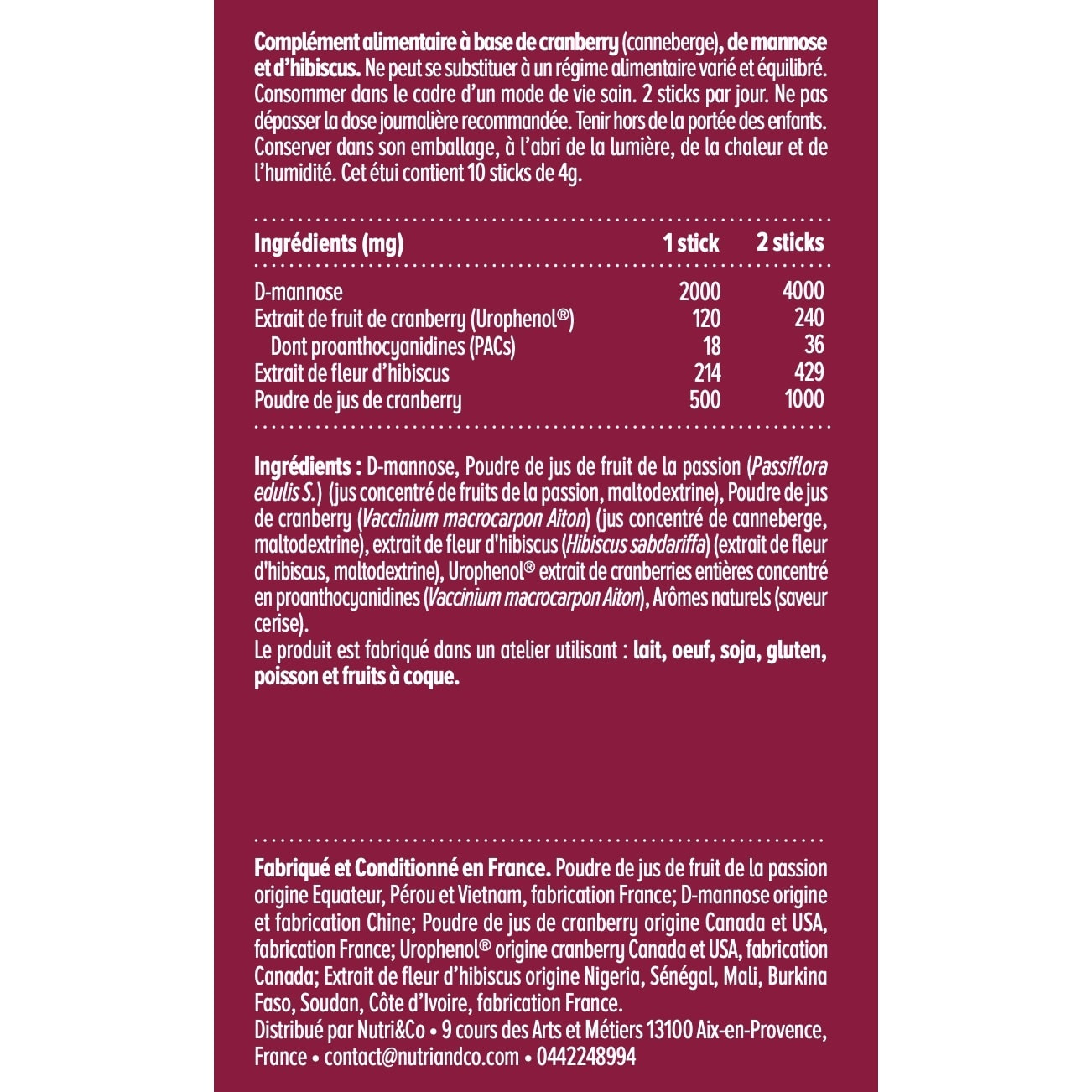 Confort Urinaire & Elimination Cranberry+D-Mannose+Hibiscus - 10 Sticks
