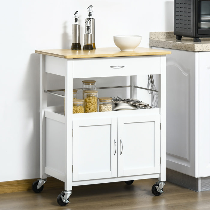 Desserte de cuisine multi-rangements - dim. 73L x 50l x 91H cm - poignées métal MDF blanc plateau bois bambou verni