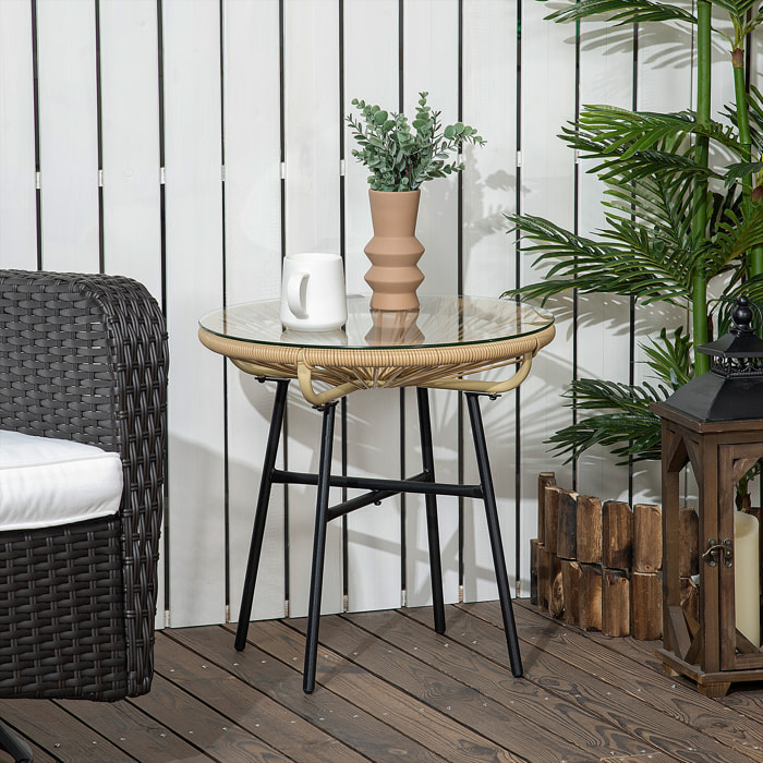 Mesa Auxiliar de Ratán Sintético con Tablero de Vidrio Templado Ø50x50 cm Beige
