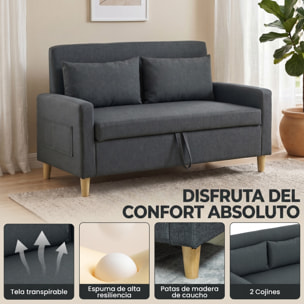 HOMCOM Sofá de 2 Plazas Tapizado en Lino Sintético con Espacio de Almacenamiento, Sofá Moderno con 2 Almohadas, Bolsillo y Patas de Madera, Carga 240 kg para Dormitorio, Salón 135x71x84 cm Gris Oscuro