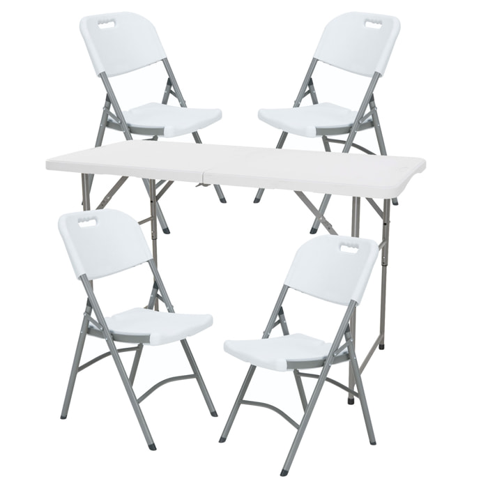 Mesa plegable de altura regulable 122x60x50-74cm, y set de 4 sillas plegables 51x45x85,5cm, ideal para exteriores