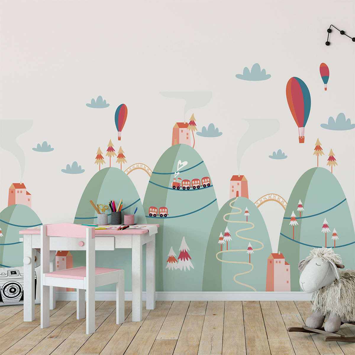 Stickers muraux enfants - Décoration chambre bébé - Autocollant Sticker mural géant enfant montagnes scandinaves MONTGOLFIÈRES DANS LE PAYSAGE