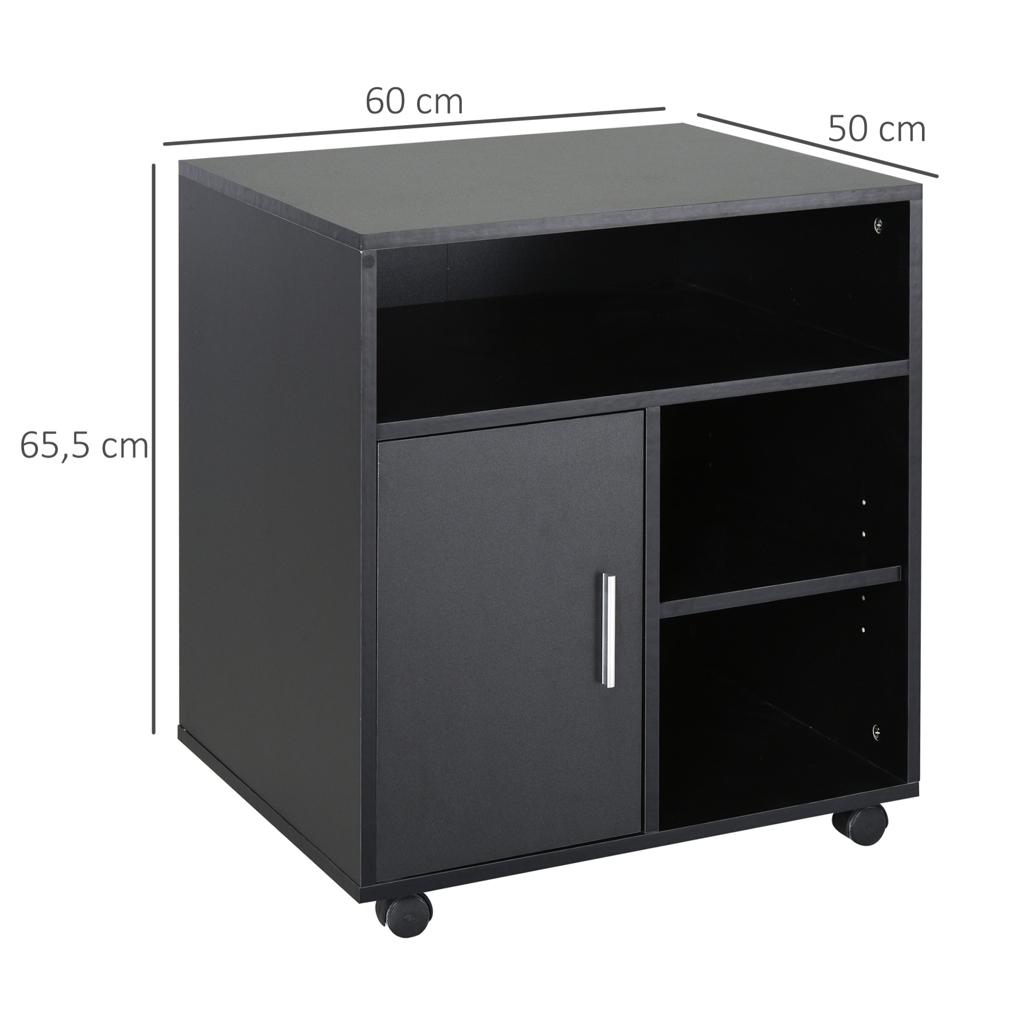 HOMCOM Support d'imprimante organiseur bureau caisson placard porte 3 niches + grand plateau panneaux particules noir