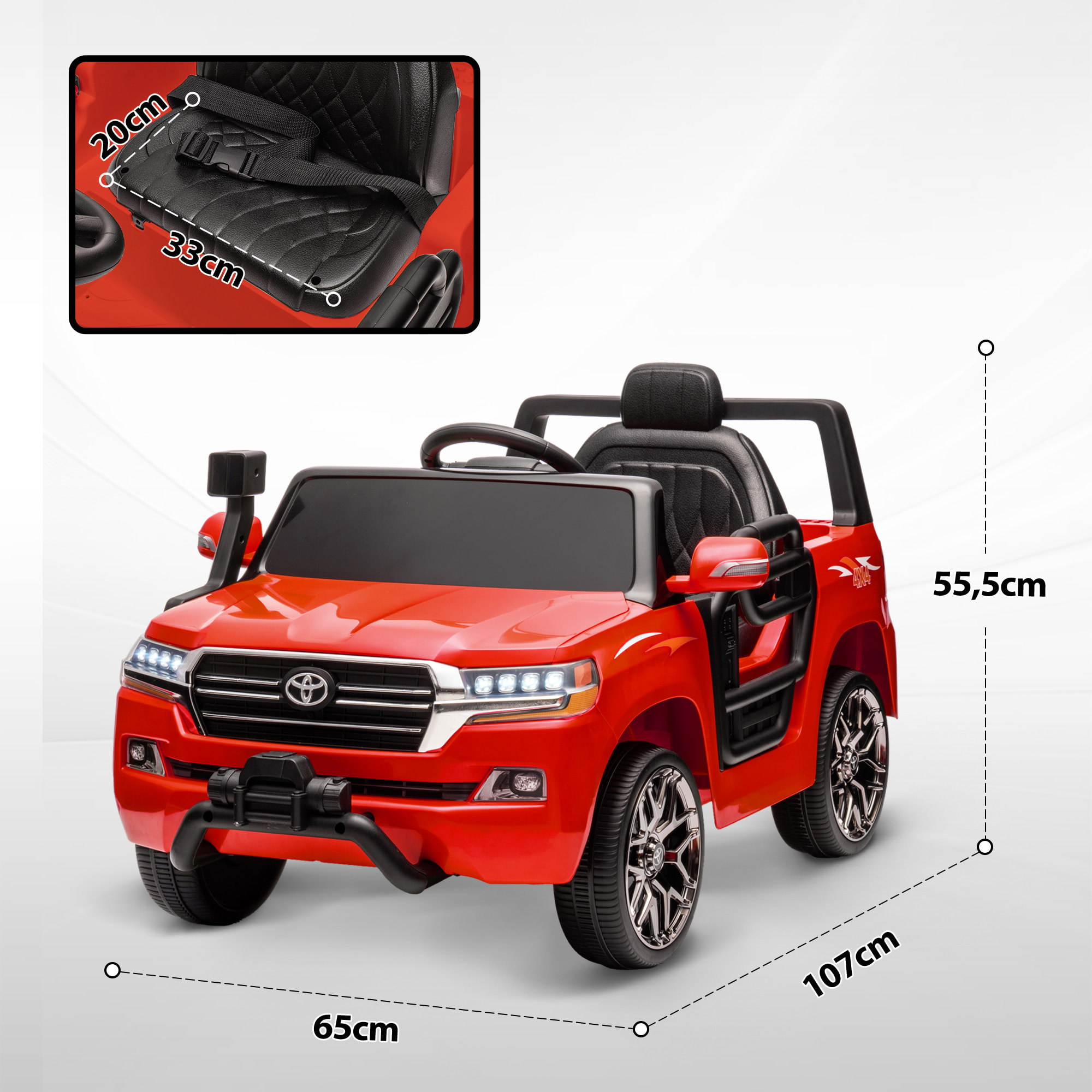 Coche Eléctrico para Niños de +3 Años Toyota LAND CRUISER Coche Eléctrico con Batería 12V Mando a Distancia Faros Bocina Arranque Suave y Música MP3 Rojo