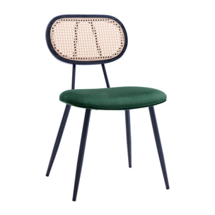 Chaises design en tissu velours vert foncé, métal noir et cannage rotin (lot de 2) SWANN