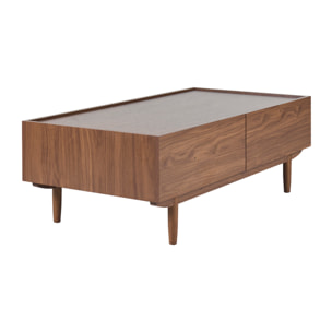 Table basse rectangulaire avec rangements 2 tiroirs finition bois foncé noyer L120 cm SANAA