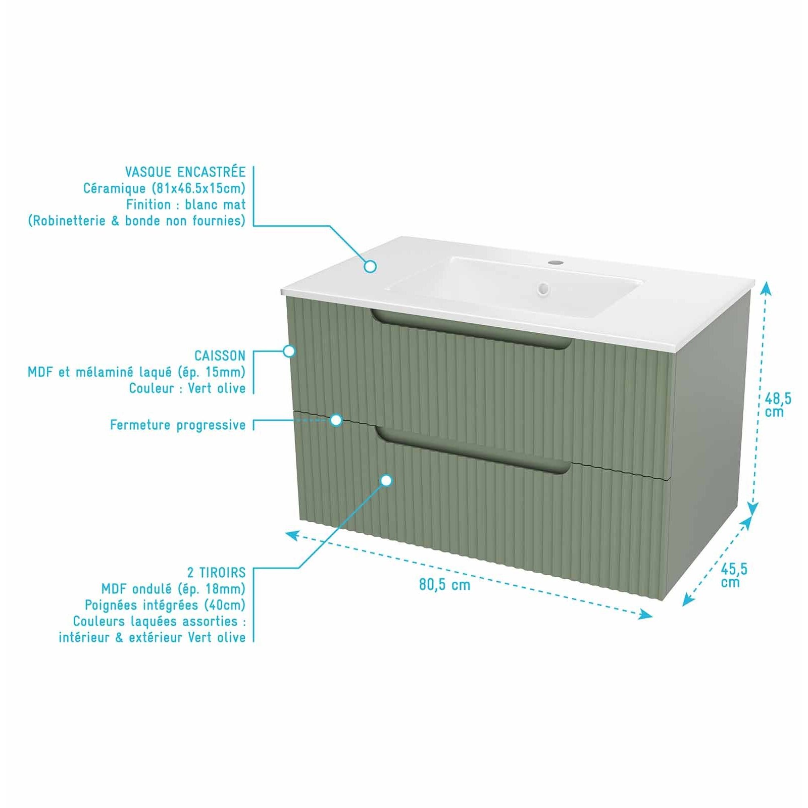 Meuble et colonne de Salle de Bains LEON 80cm Vert Olive - Façades Ondulées - Vasque Blanche Mate