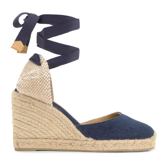 Alpargata de cuña 6 cm en lona de algodón con cintas al tobillo y talonera trenzada