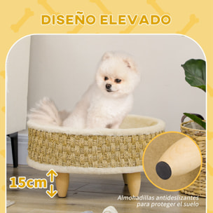Cama Elevada para Perros Cama para Perros Miniaturas con Cojín Lavable Cuerda de Seagrass Marco de Madera y Alfombrillas Antideslizantes Sofá para Mascotas para Interior Ø48x24,5 cm Beige