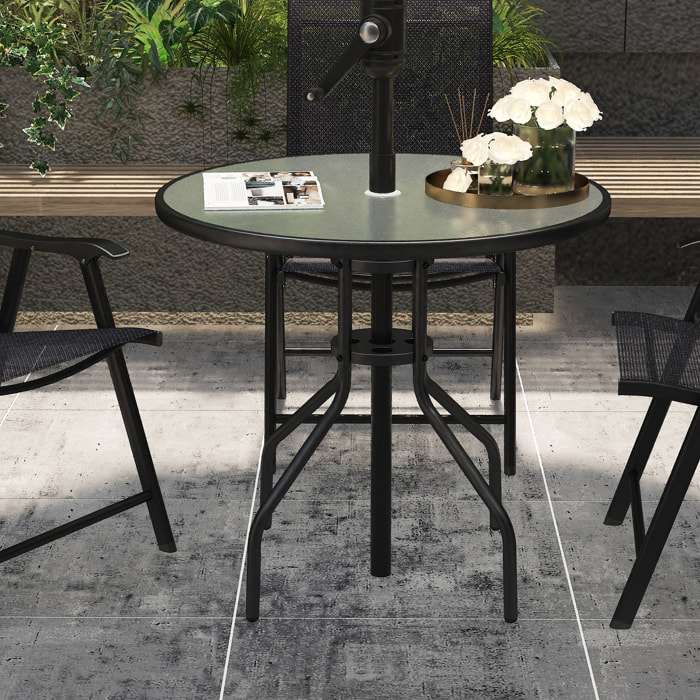 Mesa de Jardín Redonda Mesa Comedor de Cristal Templado con Agujero para Sombrilla y Estructura Metálica para Patio Terraza Balcón Exterior Ø80x72 cm Negro