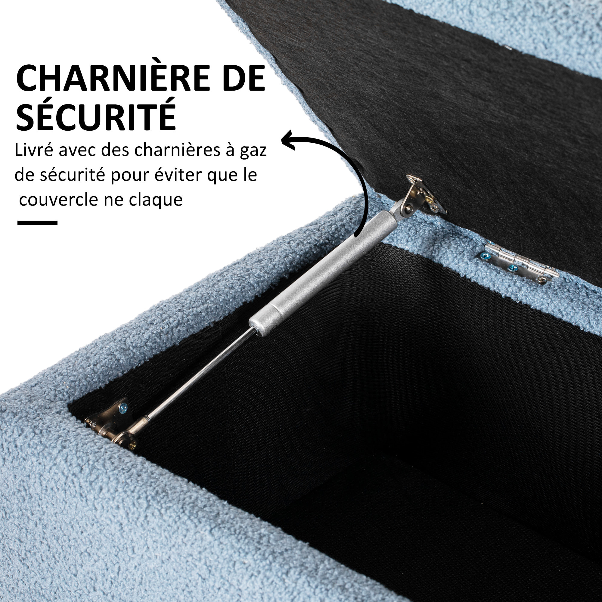 Banc coffre de rangement 2 en 1 piètement bois noir tissu bouclette bleu