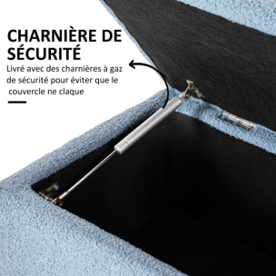 Banc coffre de rangement 2 en 1 piètement bois noir tissu bouclette bleu