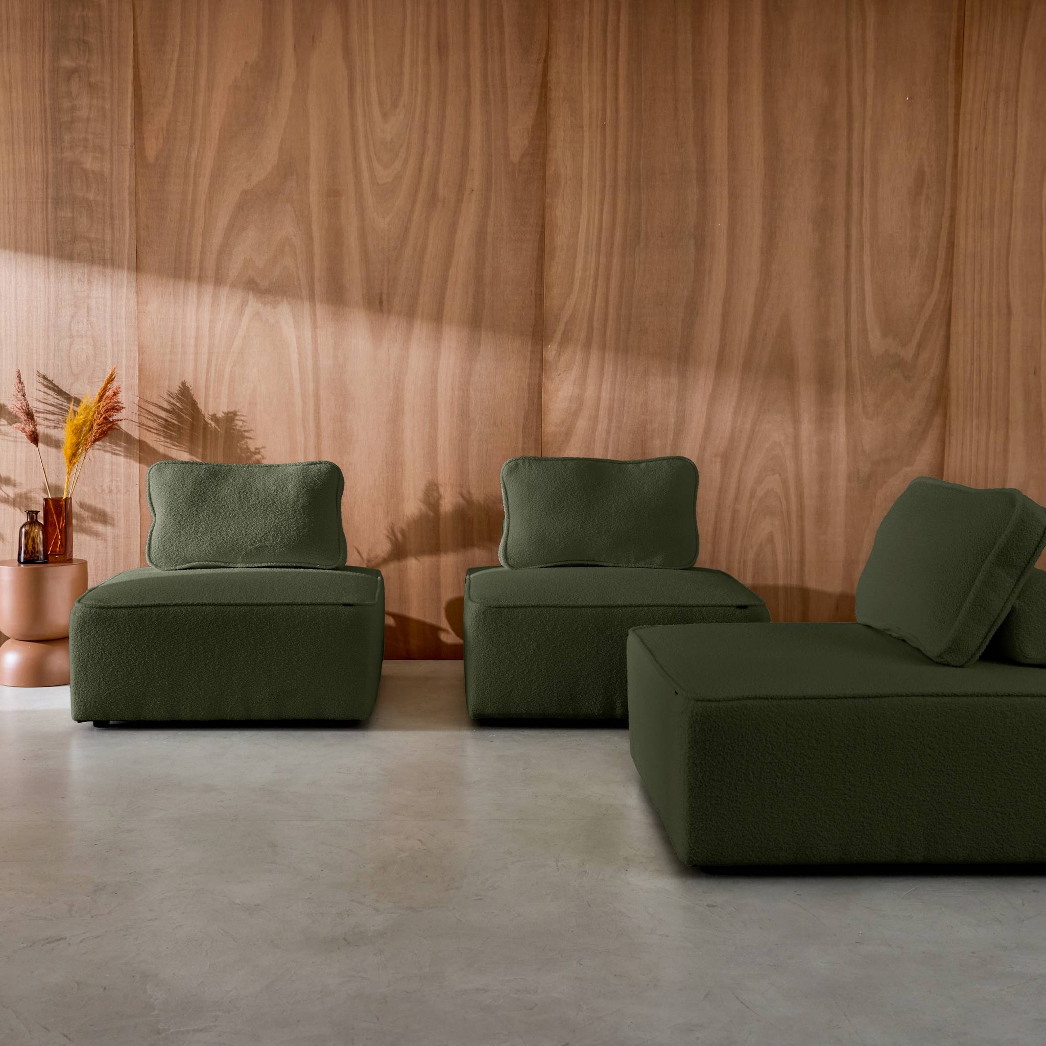 Lot de 3 chauffeuses pour canapé modulable tissu bouclette kaki 1 place Bao. L 90 x P 90 x H 74cm