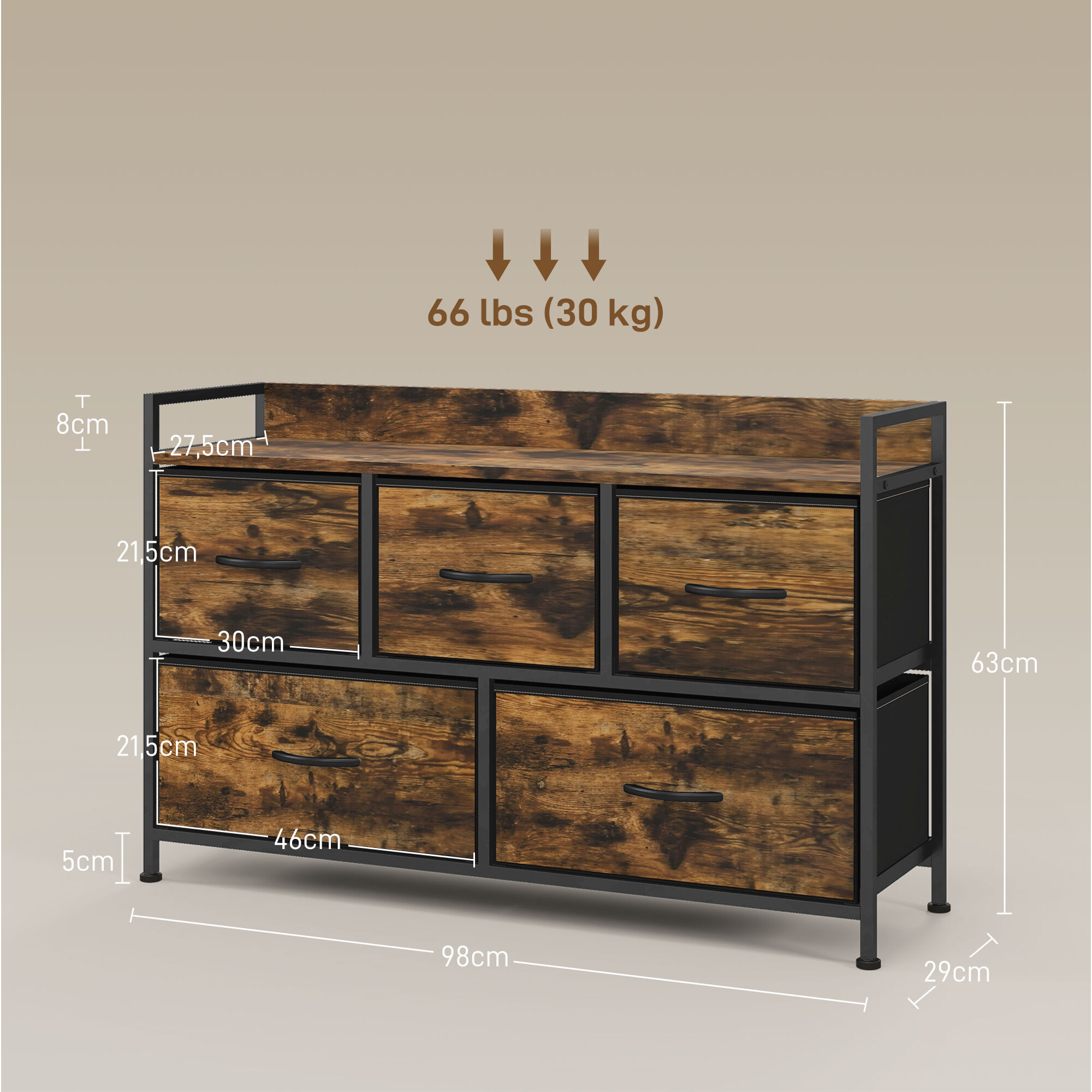 Mueble Organizador Cajonera de Tela con Cajones Plegables y Marco de Acero Estilo Industrial para Salón Recibidor Dormitorio 98x29x63 cm Marrón Rústico