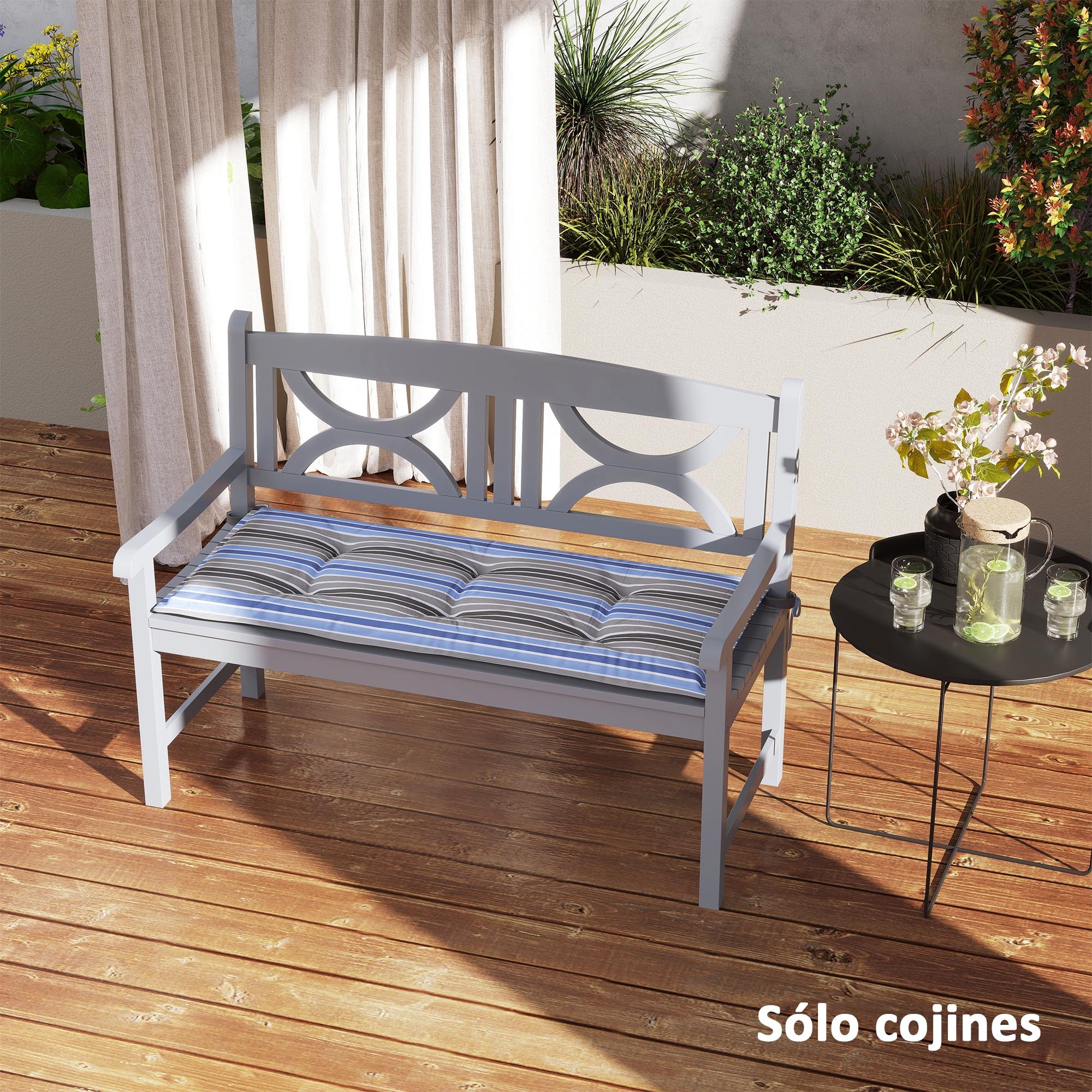 Juego de 2 Cojines para Banco de Jardín de 2 Plazas 120x50x5 cm Cojines Rectangulares para Interior y Exterior Impermeable con Relleno Grueso y Cintas de Sujeción Rayas Multicolor