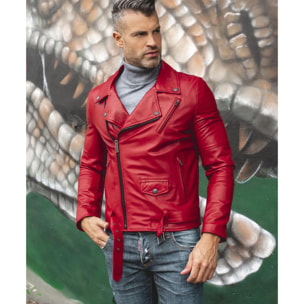 Chiodo biker in pelle rossa con cintura effetto liscio