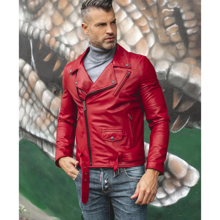 Chiodo biker in pelle rossa con cintura effetto liscio