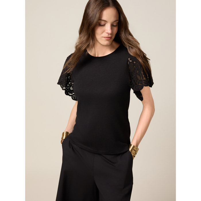 Oltre - T-shirt con maniche in macramé - Nero