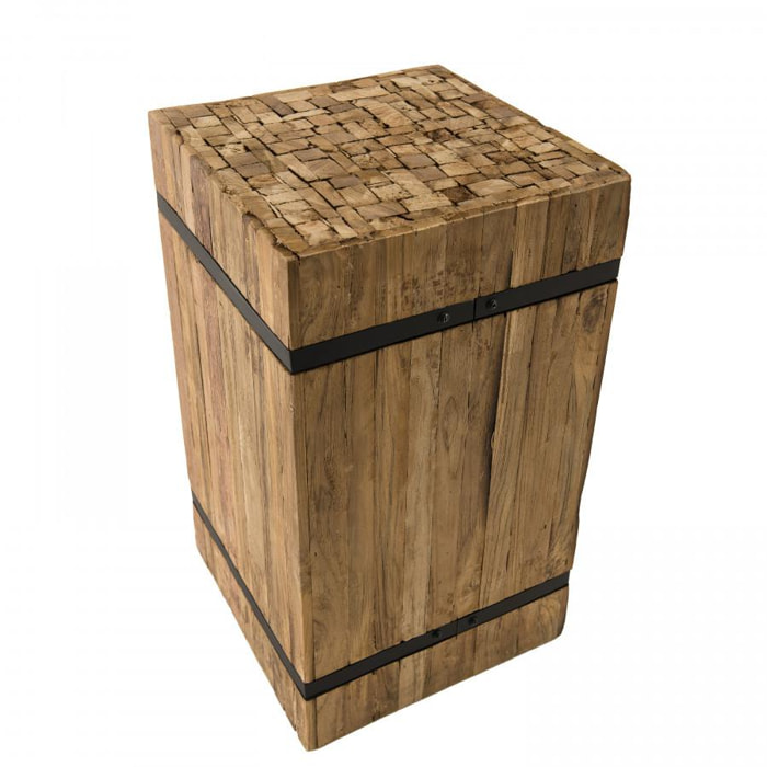 SUZY - Table d'appoint carrée 'M' 34x34cm bois Teck recyclé cerclée métal noir