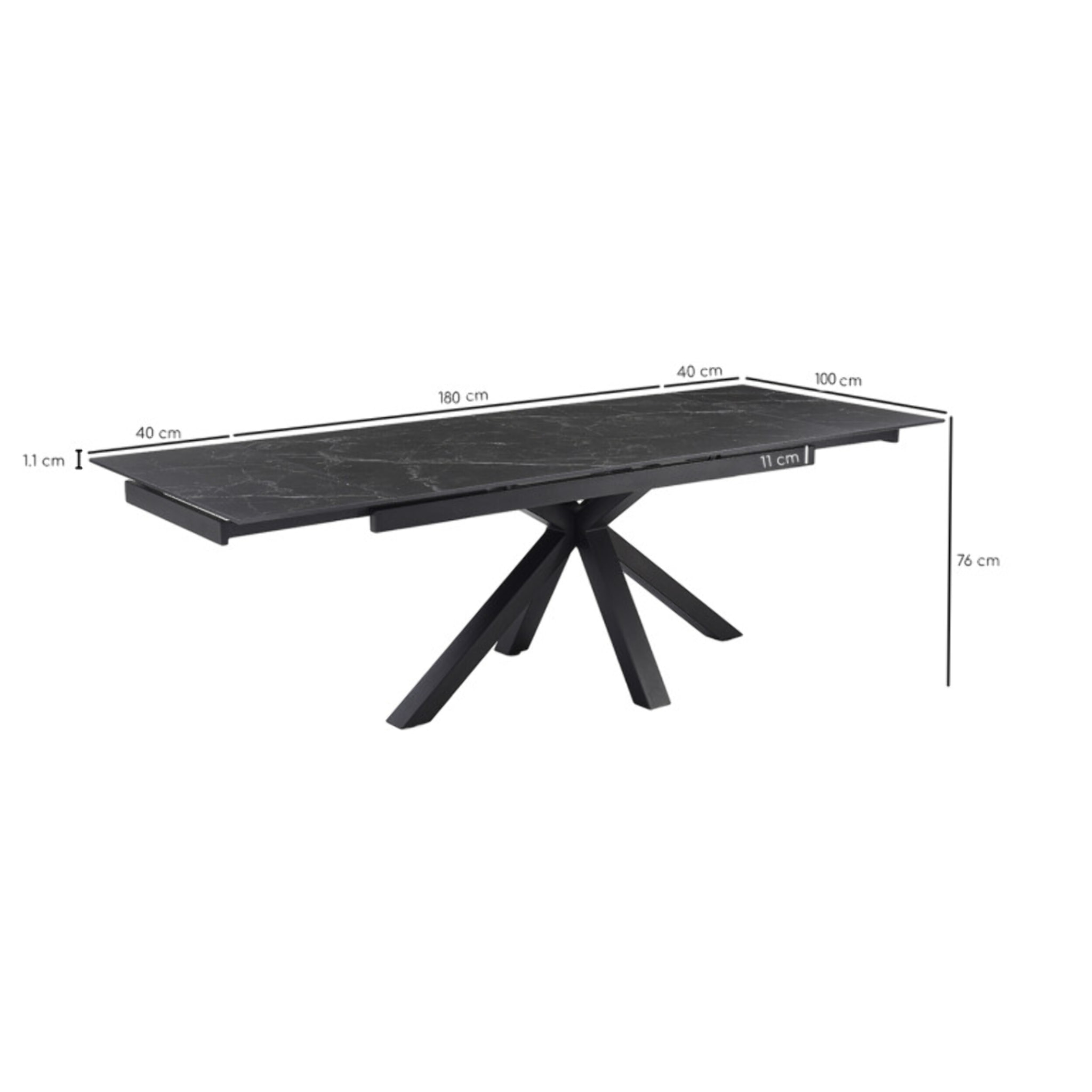 Table extensible céramique noir marbré 180/260cm - 8 piètements - UNIK