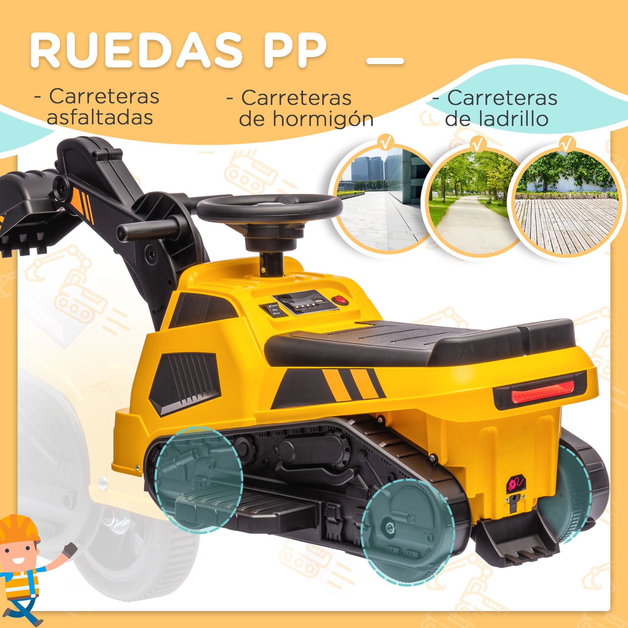 Tractor Excavadora Eléctrica para Niños de Meses Vehículo Infantil 3 en 1 con Batería 6V Pala y Apisonadora Carga 25 kg 100x43x48,5 cm Negro y Amarillo