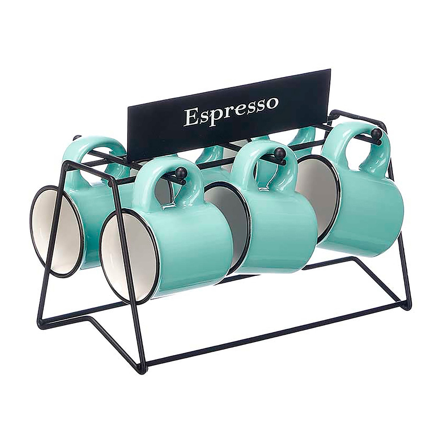 Set de 6 tazas verde menta para café de porcelana con soporte de metal. 100 ml de capacidad.