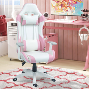 HOMCOM Silla Gaming Reclinable Silla Gamer Giratoria con Cojín Lumbar Reposabrazos Ajustable Reposacabezas Extraíble Basculante y Altura Ajustable para Oficina Estudio 67x60x120-128 cm Blanco y Rosa