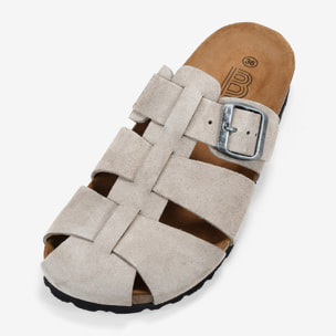 Zuecos de piel piedra con hebilla y suela de corcho