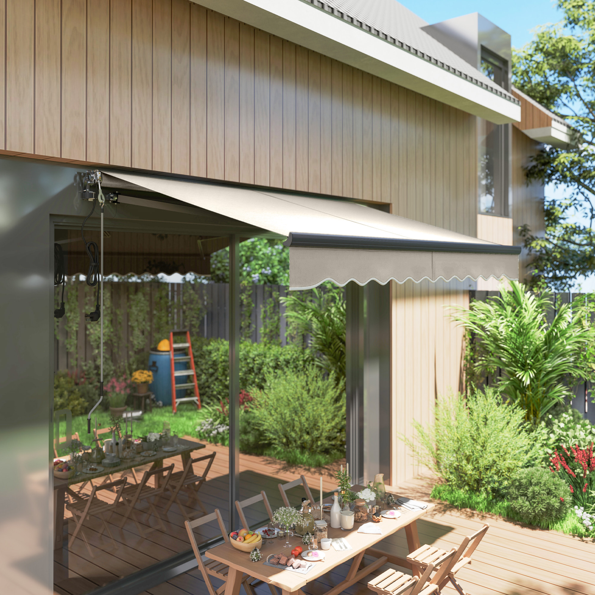 Toldo Eléctrico Retráctil y Manual con Mando a Distancia 3x2,5 m Toldo de Exterior Terraza Enrollable con Manivela Marco de Aluminio y Protección UV30+ para Jardín Puerta Ventana Crema
