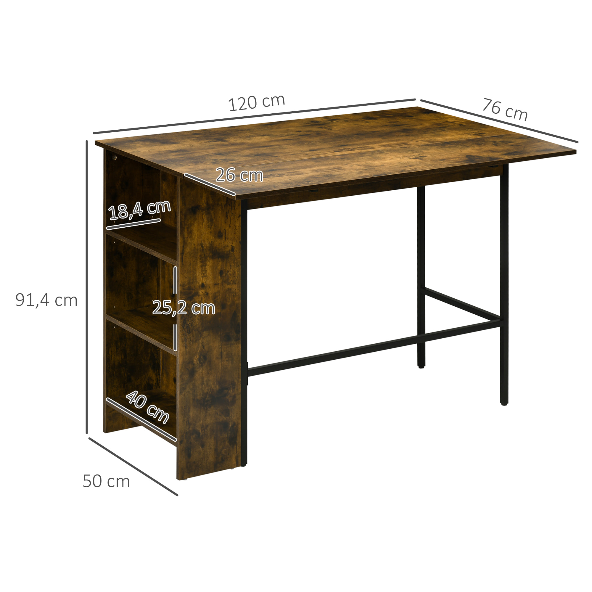 Table de bar extensible design industriel - 3 étagères intégrées - châssis métal noir aspect bois vieilli