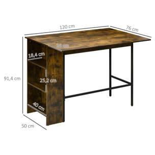 Table de bar extensible design industriel - 3 étagères intégrées - châssis métal noir aspect bois vieilli