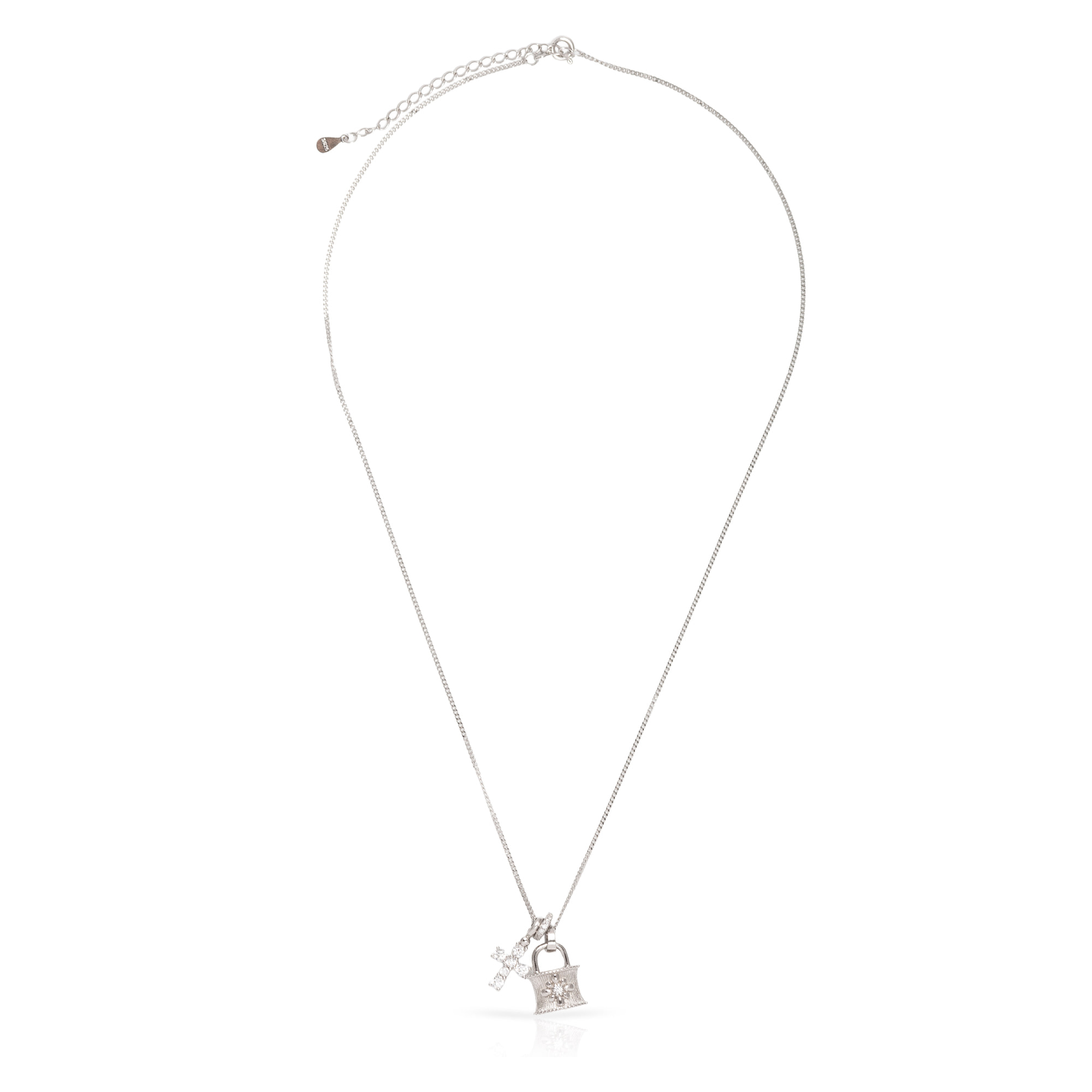 Collar de plata de ley 925 con colgante de cruz pequeña de circón y cierre de resorte.