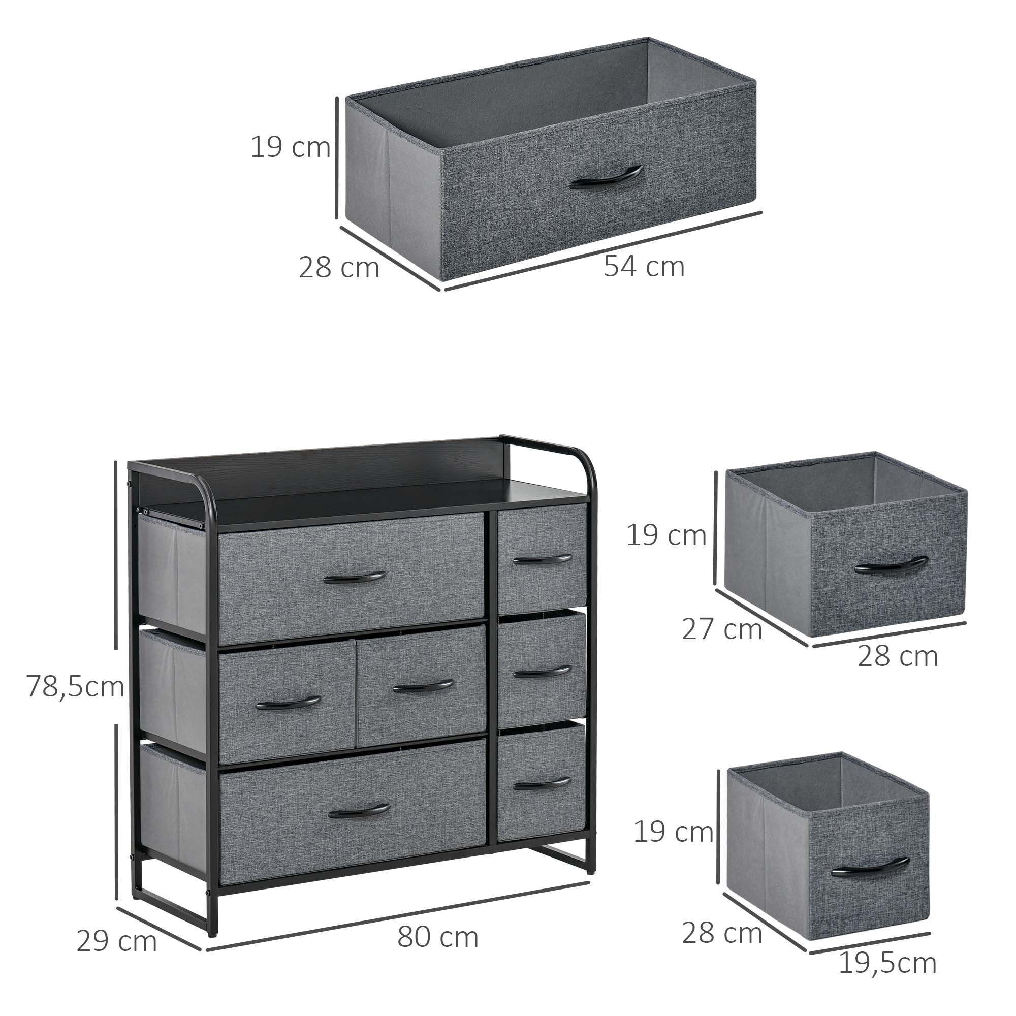 Meuble de rangement commode 7 tiroirs plateau acier MDF noir non tissé gris