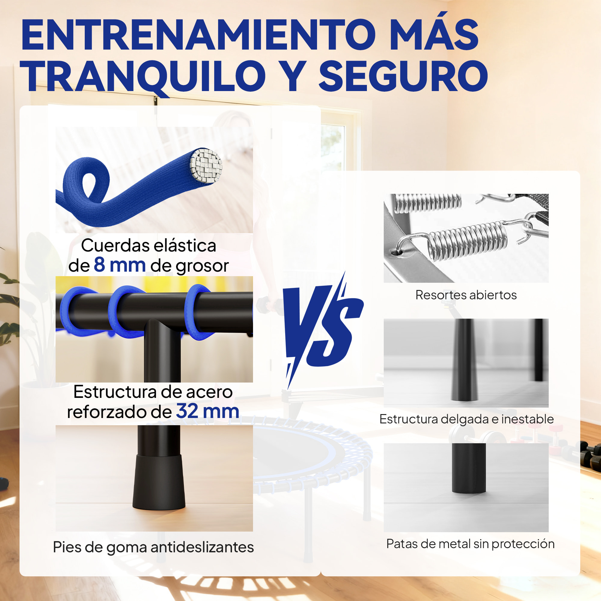 Trampolín de Fitness Adultos Ø114 cm, Cama Elástica con Marco de Acero Reforzado, para Entrenamiento Piernas, Cuerpo en Hogar, Oficina, Gimnasio, Azul y Negro