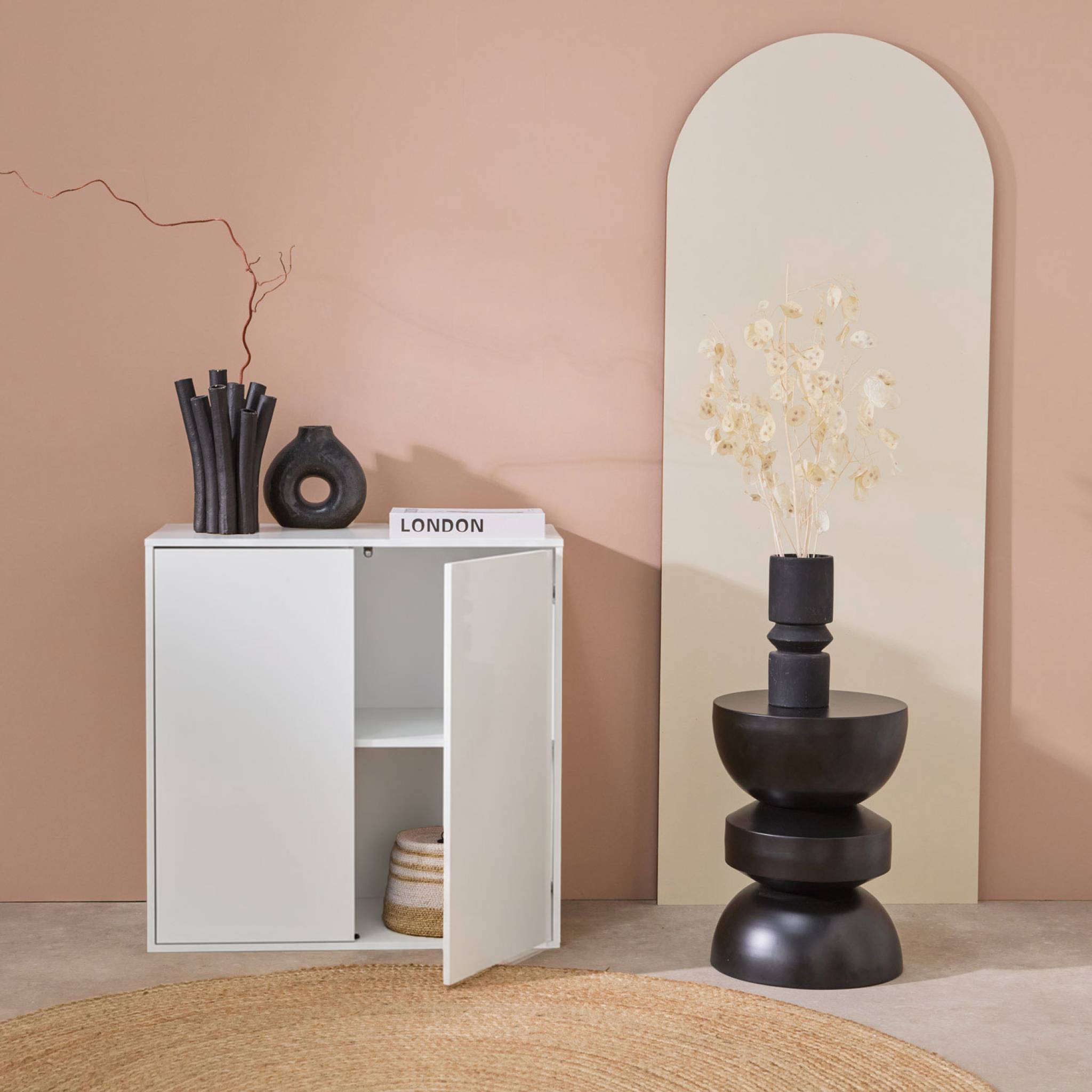 Buffet. module de rangement blanc décor bois 2 portes L 70 x P 35 x H 70 cm - Kompo