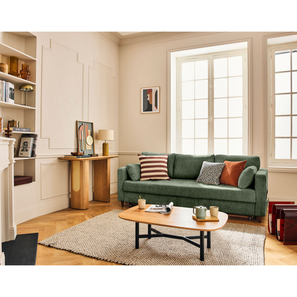 Anna - canapé droit 3 places convertible avec poche en velours texturé - Vert sauge