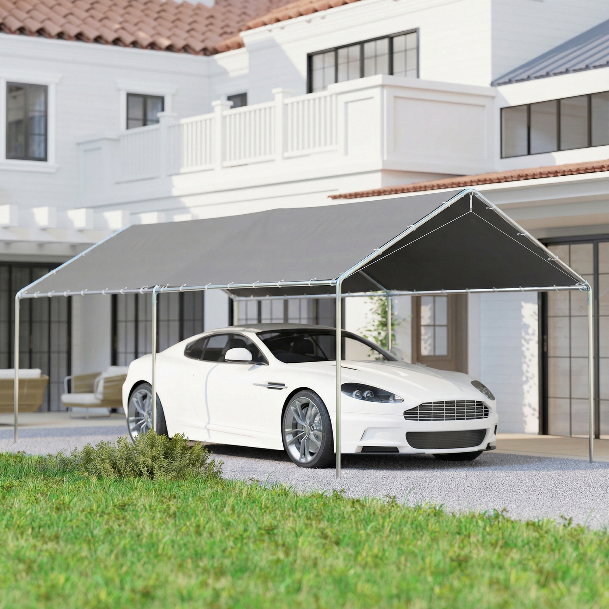 Carpa Garaje para Coche 3x6 m, Cochera Exterior Portátil con Marco de Acero Galvanizado, Impermeable, Anti-UV, Pabellón Gazebo de Jardín con Accesorios, para Eventos, Fiestas, Gris